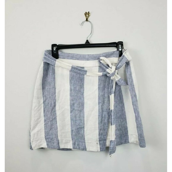 Womens Free People 100% Linen  Preppy Blue & Cream Tie Waist Wrap Skirt Size 8 - Picture 1 of 12